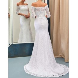 2020 Off the Shoulder Lace Mermaid Wedding Dress 3/4 Sleeves Lace up Corset Back Bridal Dress Elegant Free Shipping