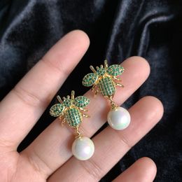 Fashion-Bee Pearl Cangle Chandelier Women Wedding Jewellery 18K Gold Plating Diamond Insect Earrings Brand Long Apidae Earring