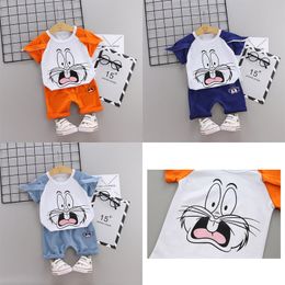 2019 trend style summer cotton round collar Big mouth rabbit pattern with short sleeve and shorts two pieces for boys and girls