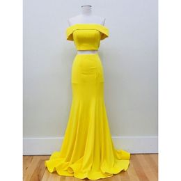yellow 2 piece prom dress UK - Simple Cheap Long Mermaid Evening Prom Dresses yellow 2 Piece Off the shoulder Chiffon Open Back Red Carpet Party Dress Formal Gowns Cheap