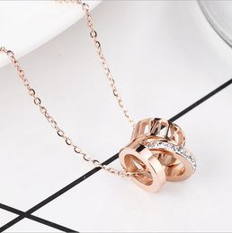 Three-ring hollow Roman numeral ring diamond titanium steel necklace female 18K rose gold clavicle chain with Jewellery pendant