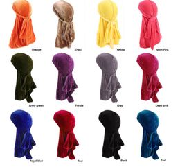 Unisex Fashion Velvet Hat Durag Breathable Bandana Long Tail Straps Cap Headwrap Christmas Halloween Party Cosplay Pirate Hats 12 colors