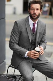 New Design Two Buttons Grey Wedding Men Suits Notch Lapel Three Pieces Business Groom Tuxedos (Jacket+Pants+Vest+Tie) W1153