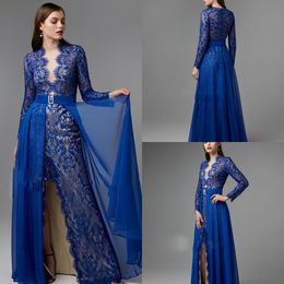 2020 Modest Elegant V Neck Long Sleeve Front Split A Line Evening Dresses Lace Crystal Sash Formal Dresses Floor Length Party Gowns