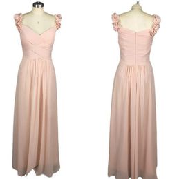 Chiffon A Line Blush Pink Two Shoulder Bridesmaid Dresses Long High Quality Vestido Madrinha Hot With Hand Made Flowers