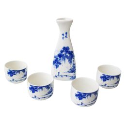 Japanese Porcelain Sake Set Wine Drinkware Gift Blue and White 1 Bottle 4 Cups Chinese Landscape Painting Design