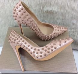 Hot Sale- New Women Nude Rivets Studded Spiked High-heeled Shoes Pointy Toes Stiletto Heels Sexy Patent Leather Womens Dress Shoes