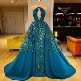Shinny Prom Dresses Illusion Neckline Sequins Beading Overskirt Evening Dress Sweep Train Custom Made Party Formal Wear robe de soiree