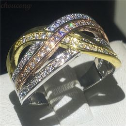 choucong 3 Colours Cross Promise Ring 925 sterling Silver Diamond Anniversary Wedding Band Rings For Women Finger Jewellery