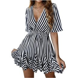 Fashion Women Boho Beach Dress Casual Short Sleeve V-Neck Loose Dresses Elegant Striped with Belt Beach Party Dress Vestidos