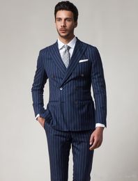 Blue Stripe Groom Tuxedos Double-Breasted Men Wedding Tuxedos Peak Lapel Jacket Blazer Popular Men Dinner/Darty Suit(Jacket+Pants+Tie) 1133