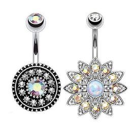 2pcs/set Vintage Flower Round Sexy Belly Dance Crystal Body Jewelry Stainless Steel Navel & Bell Button Piercing Dangle Rings for Women