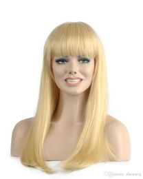 Women Long Charming Blonde Neat Bangs Rose Net Straight Kanekalon Heat Resistant Cosplay Party Hair Full Wig Wigs