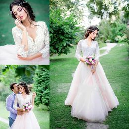 Modest Light Pink Wedding Dresses A Line V Neck 3/4 Long Sleeves Lace Country Bridal Gowns Tulle A Line Party Dress