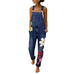 Women Floral Print Jeans Pants Fashion Autumn Straps Neck Light Washed Romper Pockets Overalls Loose Sleeveless Denim Jumpsuit