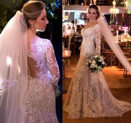 Sparkly Mermaid Wedding Dresses Beading Lace Sheer Long Sleeve Applique Bridal Gowns Custom Size Luxury Vestido De Novia With Cathedral Veil