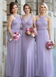 Formal Dresses Floor Length Tulle Pleated Halter Neck Or V Neck Elegant Ruched Lavender Bridesmaid Dress HY265