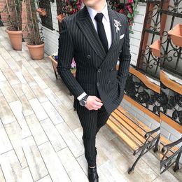 Double Breasted Stripe Groom Tuxedos Black Peaked Lapel Mens Suits Blazer Best Man Office Clothing Formal Wedding Jacket(Jacket+Pants)