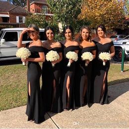 Cheap Bridesmaid Sexy Dresses Off Shoulder Black Satin Mermaid Side Split Backless Floor Length African Maid Of Honour Wedding Guest Gowns