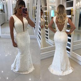 Sexy Deep V Neck 2019 New Mermaid Prom Dresses Beads Pearls Lace Applique Backless Party Gowns Dresses Evening Wear Formal Gowns