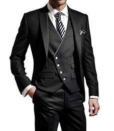 Handsome Groomsmen Peak Lapel Groom Tuxedos Black Mens Wedding Dress Man Jacket Blazer Prom Dinner Three Piece Suit(Jacket+Pants+Vest)