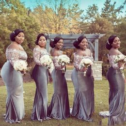Generous Silver Bridesmaid Dresses Illusion Lace Long Sleeve Off the Shoulder Mermaid Floor Length Maid of Honour Prom Plus Size