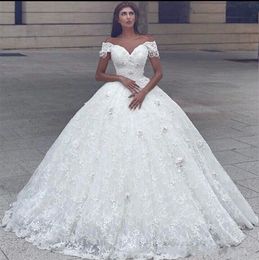 2020 Arabic Ball Gown Wedding Dresses Off Shoulder 3D Appliques Beaded Lace Cap Sleeves Princess Floor Length Puffy Plus Size Bridal Gowns