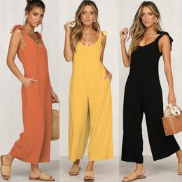2020 Loose Jumpsuits Solid Black Wide Leg Casual Pantsuits Daily Sexy Open Back Rompers Yellow Orange Jumpsuit eDressU SJ-CF1862