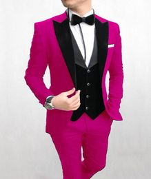 Fashion Rose Red Groom Tuxedos Peak Lapel Groomsman Wedding 3 Piece Suit Fashion Men Business Prom Jacket Blazer(Jacket+Pants+Tie+Vest) 2870