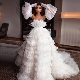 Белый Ruffles Свадебное платье с отстегивающимся длинным рукавом блестки бусины Sash многоуровневого свадебное платье Длинные Поезд Дубай African Платье де Noiva