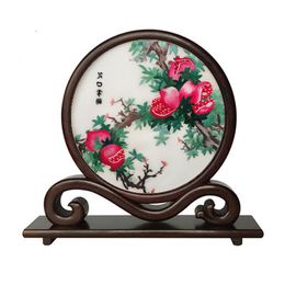 Antique Chinese Office Home Decor Crafts Ornaments Hand Embroidery Silk Works with Wenge Wood Frame Table Accessories Decorations Gifts