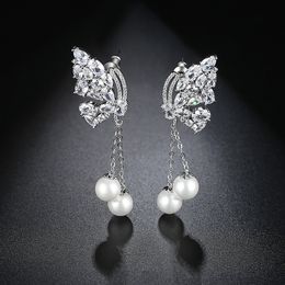 Fashion- Vintage Ear Jewellery White Colour Micro Paved Clear Cubic Zirconia Crystal Drop Long Imitation Pearl Earrings For Women