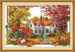 The autumn house scenery home decor painting ,Handmade Cross Stitch Embroidery Needlework sets counted print on canvas DMC 14CT /11CT