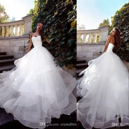 New Sexy Cheap A Line Wedding Dresses Strapless Lace Appliques Sleeveless Tiered Skirts Ruffles Backless Sweep Train Formal Bridal Gowns