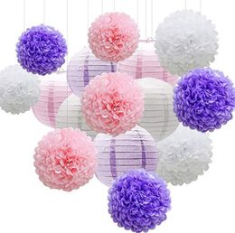 15pcs Mermaid Party Decor Pink Purple White Paper Flowers Pom Poms Balls and Paper Lanterns for Wedding Birthday Bridal Baby Shower Decor