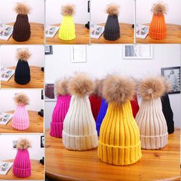 Parent Kids Winter Warm Hat Cap Child Adult Flexibility Crochet Candy Colour With Fur Ball Family Beanie Hat