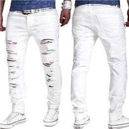 New Mens Jeans Bianco Foro Bianco Lavato Jeans Slim-Fit Jeans Stretch Jeans Pantaloni Hip Hop Pantaloni Pantaloni a matita per maschio