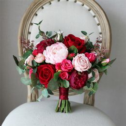 red bride bouquets UK - Romantic Red Wedding Bride Bouquet Silk Roses Bridal Holding Bouquets Burgundy Pink Artificial Flowers Bouquet Mariage
