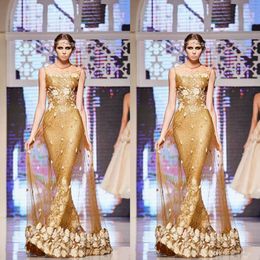 Elie Saab Gold Dresses Evening Wear Sequined Mermaid Sheer Jewel Neckline Party Prom Gowns 3D Appliques Floor Length Special Occasion Dress
