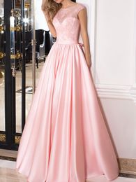 Sweet Pink Satin Evening Dress with Belt Sexy Cap Sleeves Lace-up Back Women Long Prom Gown robe de soiree