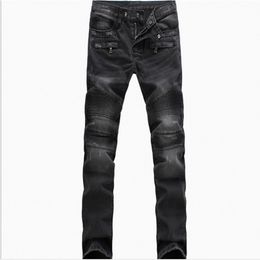 Fashion-Biker Jeans man Moto Denim Men Fashion Brand Designer Ripped Distressed Joggers Washed Pleated motorcycle Jeans Pants Black Blue