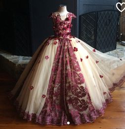 Wine And Champagne Ball Gown Flower Girl Dresses 2022 Hand Made Flowers Pearls Lace Tiered Girls Pageant Dress Teens Party Dress Toddlers