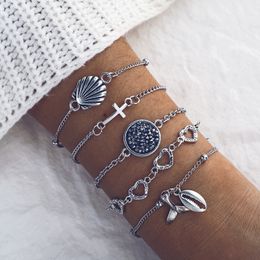 Vsco Bracelet 5 PCS/ Set Beach Shell Cross, Love, Sea Snail Fish Tail Silver Bracelet Set for Women