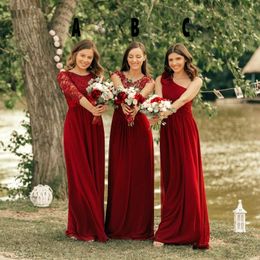 Red Lace Bridesmaid Dresses 2019 New Cheap Chiffon Ruffles Long Sleeves Floor Length Country Wedding Bridesmaids Dresses Maid of Honour Gowns