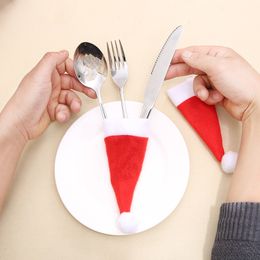 Hot Sale 2019 Christmas Decorative tableware Knife Fork Set Lovely Christmas cap wine bottle mini Santa hat YD0411