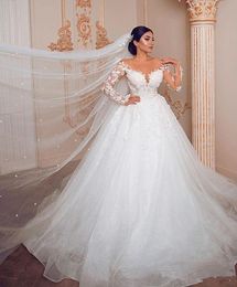 Gorgeous Sheer Long Sleeve A Line Wedding Dresses Full Lace Appliqued vestidos de novia See Through Bridal Party Gowns robes de ma2689