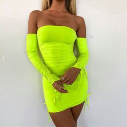 NORMOV Neon Green Ruched Dress Women Long Sleeve Off The Shoulder Sexy Dress Female Spring Summer Solid Party Night Club Dress