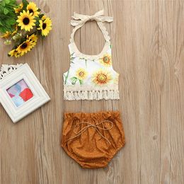 Baby Girls Clothing Kids Tassel Halter Tops + Shorts 2 Piece Sets Sunflower Lace Blackless Outfits Child Cotton Clothes A32005