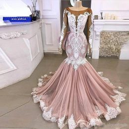 Vintage Blush Pink Mermaid Wedding Dresses Long Sleeve Sheer Neck Lace Applique Sweep Train Wedding Dress Bridal Gowns vestido de noiva