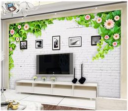 3D photo wallpaper custom 3d wall murals wallpaper Modern minimalist white brick wall flower vine photo frame living room TV background wall